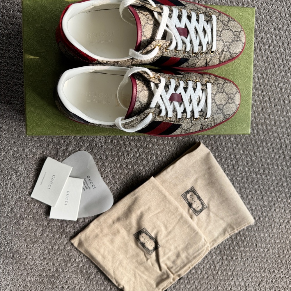 Gucci Monogram Sneakers with Red and Blue Accents